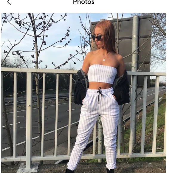 Missguided Madison beer 2 piece matching crop top lace up set joggers pinstripe - Picture 2 of 14